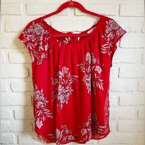 LC Lauren Conrad- Red and White Floral Cap Sleeve Blouse (EUC)